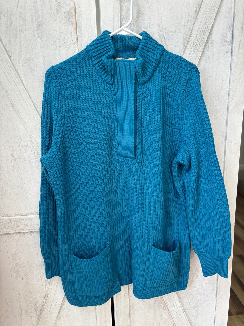 Soft Surroundings Highland Sweater Women’s Size PL Blue Pockets Chunky Knit